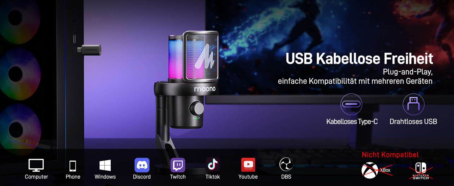Мікрофон MAONO DM40 бездротовий для ПК з RGB підсвіткою та ШІ-зміною голосу, 3-рівнева шумоподавлення, для геймінгу, подкастингу та стрімінгу (чорний)