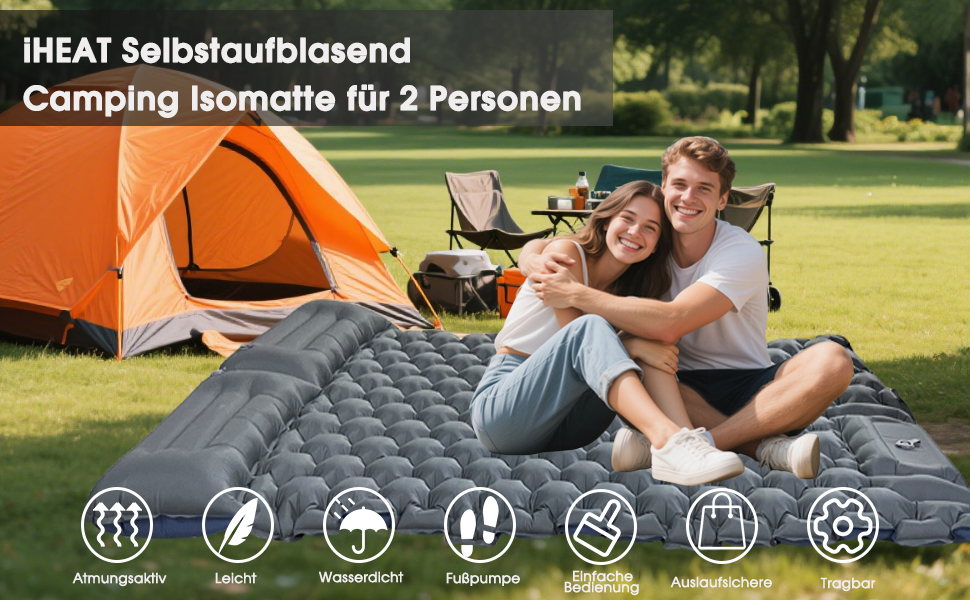 iHEAT Self-Inflating Camping Sleeping Pad with Foot Pump, Ultralight Air Mattress with Pillow, Waterproof Compact Sleeping Mat for Outdoor, Hiking, Backpacking, Camping, Beach (Blue)