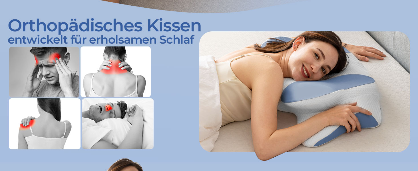 Ортопедична подушка Uniency для шиї з Memory Foam - для сну на боці, спині та животі, зняття болю в шиї та плечей (66 x 40 x 14 см, блакитна)