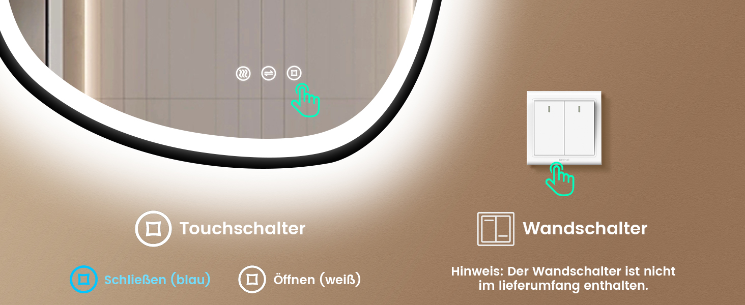 Дзеркало з підсвіткою, асиметричне LED, 75x55 см, з сенсорним вимикачем, антизапар, 3 кольори світла, регулювання яскравості, функція пам'яті, чорний (горизонтальне/вертикальне)