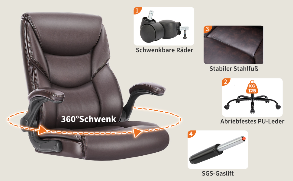 Крісло шеф-кухаря Sweetcrispy з PU шкіри, ергономічне офісне крісло, комп'ютерне крісло з підйомними підлокітниками, геймінгове крісло для роботи та відпочинку, (темно-коричневе)