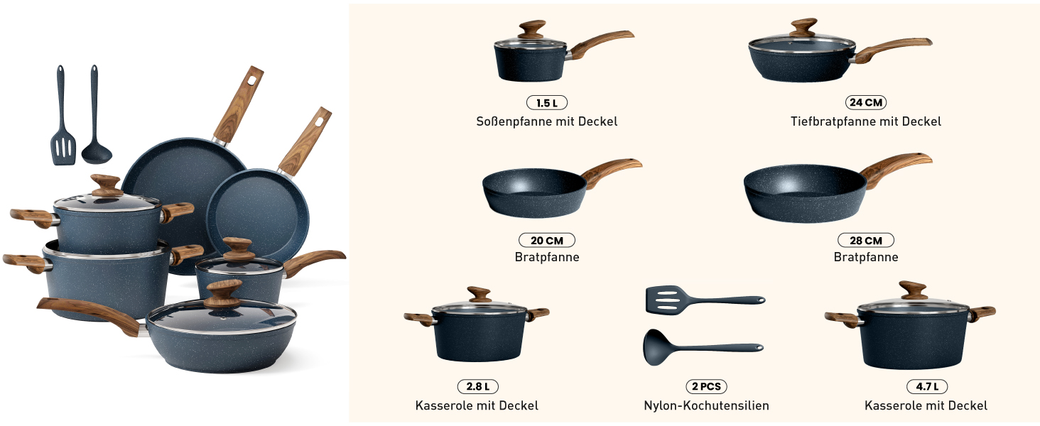 Набір посуду для індукційної плити DishDelight Granit 12 предметів з антипригарним покриттям блакитного кольору (каструлі, сковороди з кришками)