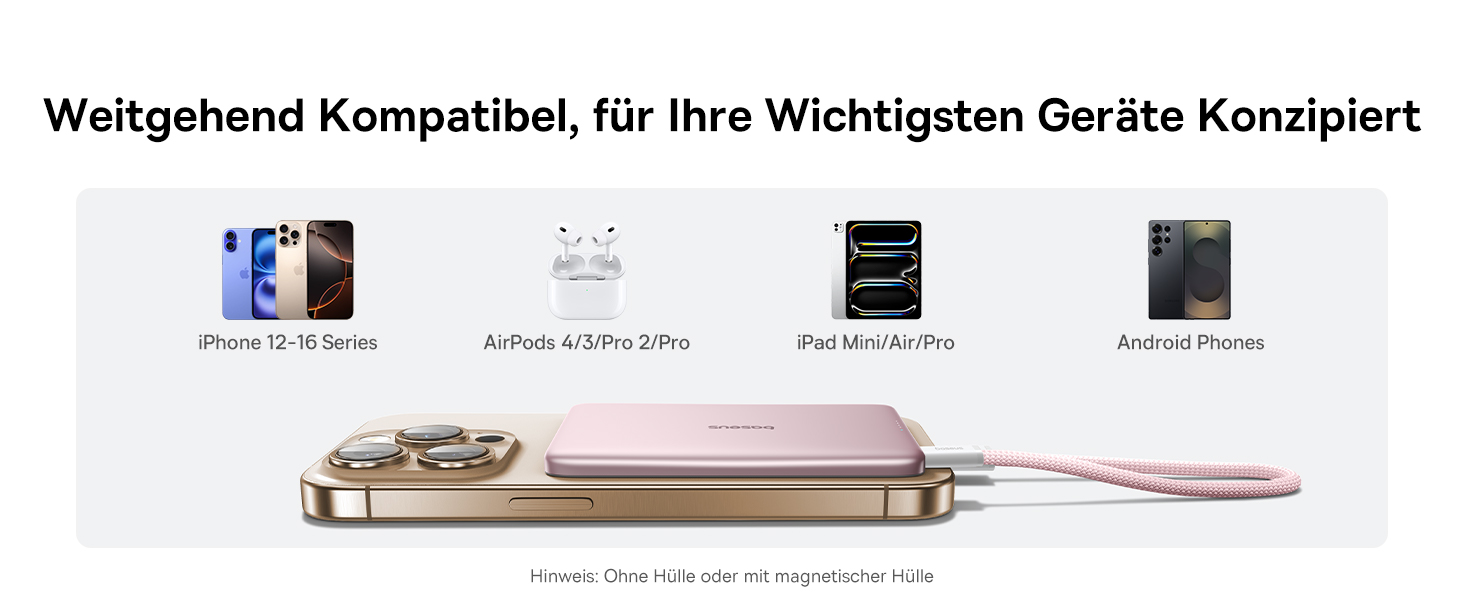 Power Bank Baseus Picogo AM41: Тонкий Magsafe Пауербанк, PD 20W, 5000mAh, Рожевий, з USB-C кабелем для iPhone 17/16/15/14/13/12