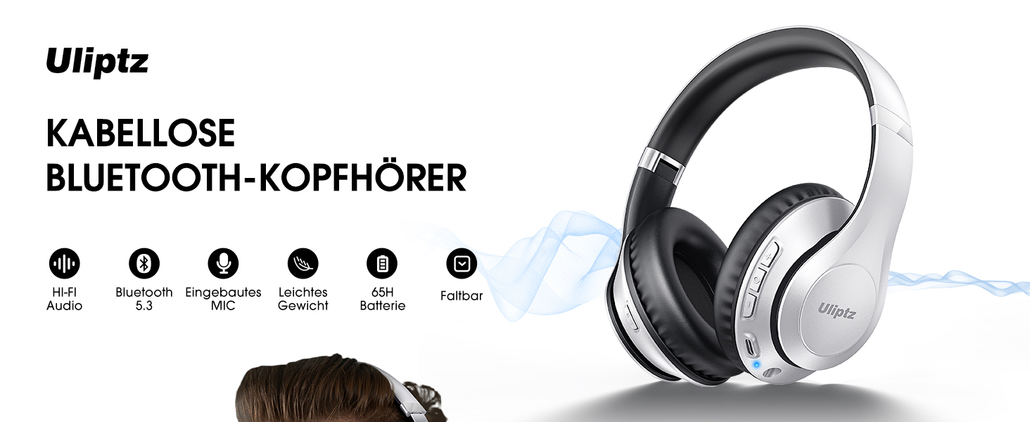 Бездротові навушники Uliptz Over-Ear Bluetooth з 65 годинами роботи, 6 EQ-режимів, HiFi стерео, складна конструкція для подорожей/офісу/телефону/ПК (срібні)