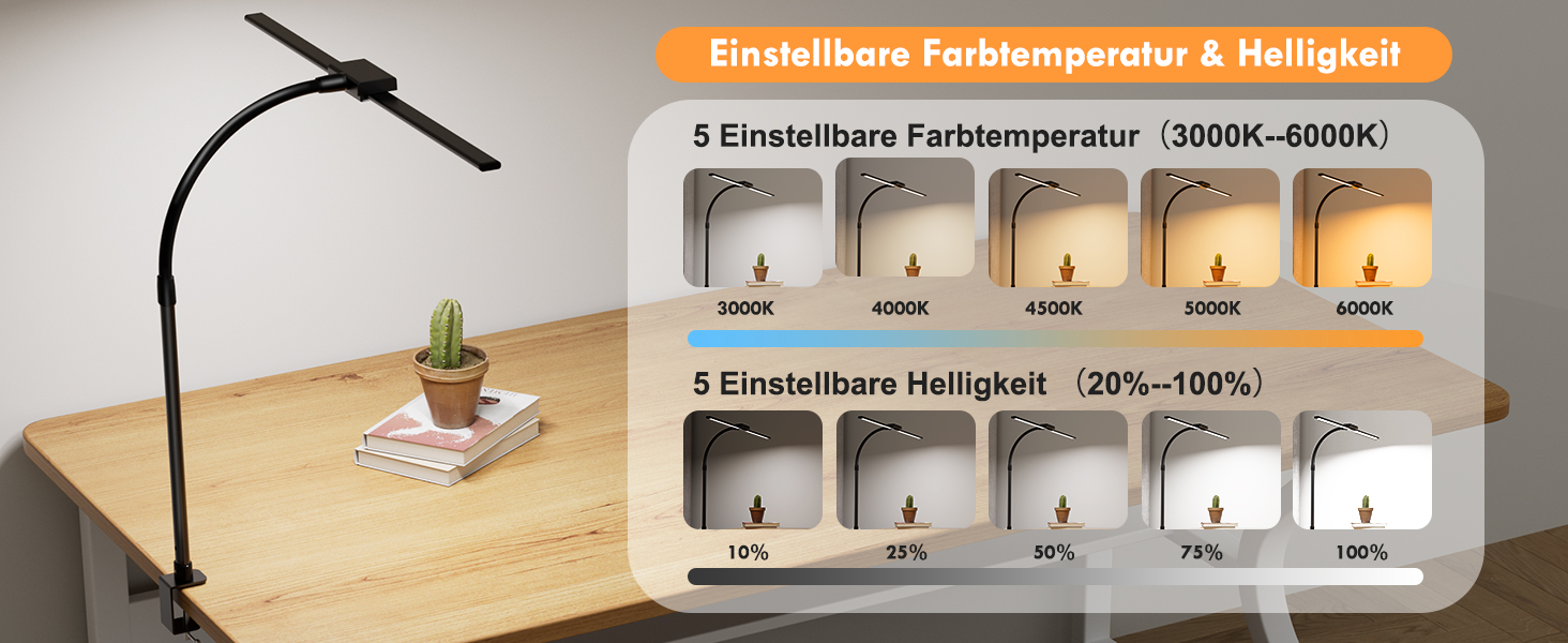 Світлодіодна лампа VUENICEE для столу з регулюванням яскравості та пультом дистанційного керування, 20W, кріплення-прищіпка, офісна лампа, 5 режимів кольору та яскравості, гнусий