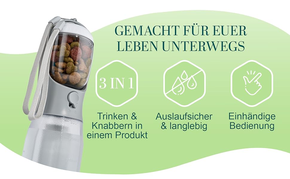 Поїлка для собак на прогулянці 300 мл - 3-в-1 (поїлка та миска) | Без витоку, BPA-free, з функцією повторного наповнення | Вода для маленьких та середніх собак сірого кольору 300 мл