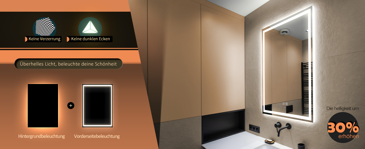 Дзеркало для ванної кімнати LED з підсвічуванням, туалетне дзеркало настінне, 6500K, антитуманне, водонепроникне IP44, вертикальне/горизонтальне (70 x 50 см)