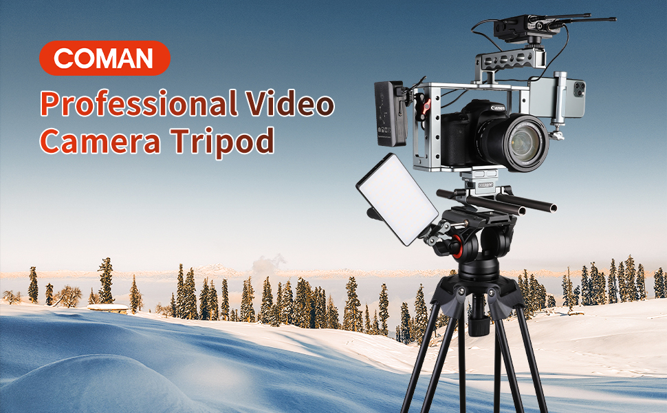 Штатив для камери COMAN 186 см з алюмінію - тринога з поворотним кріпленням 360° та нахилом ±90°, відеоштатив, сумісний з DJI Rs, Manfrotto, максимальне навантаження 10 кг (Q5)