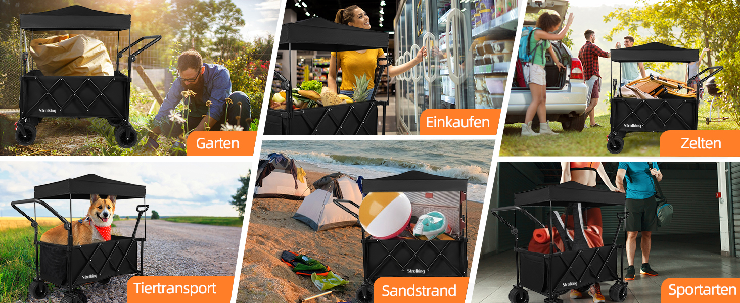 3 в 1 вагончик-тележка складний з гальмами, 150л, 136кг, чорний