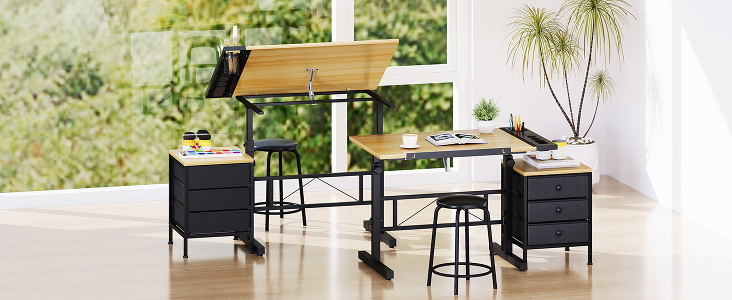 Adjustable Drafting Table with Tilt - 0-60° - Includes Stool & Storage - Wood Finish for Home & Office