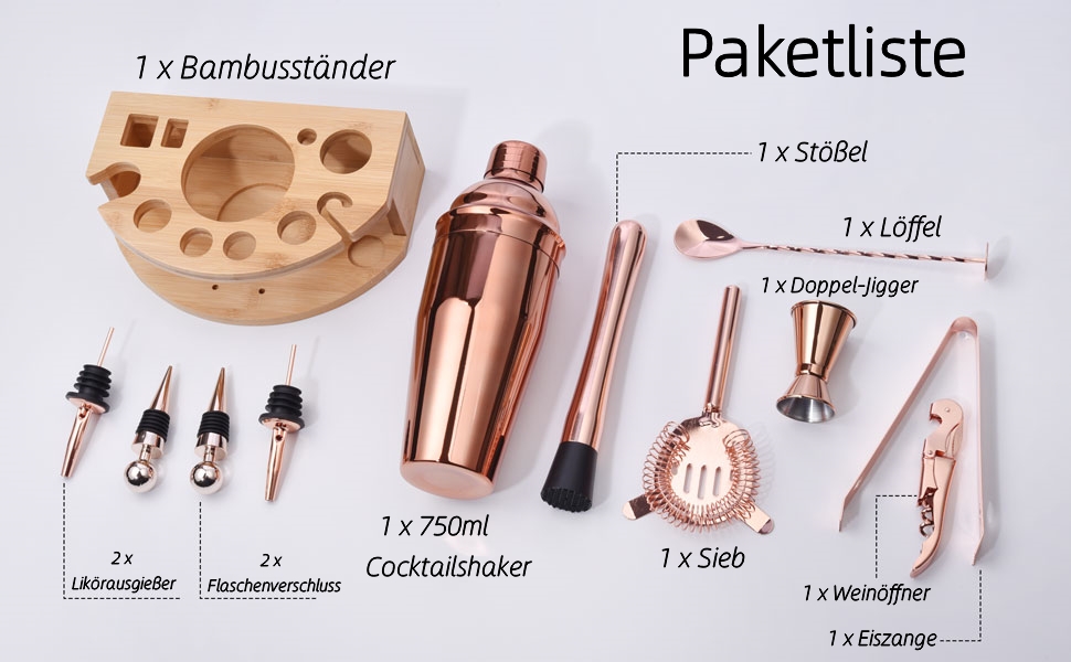 Набір шейкерів для коктейлів Esmula 750 мл, 12 предметів, з рецептами, рожеве золото