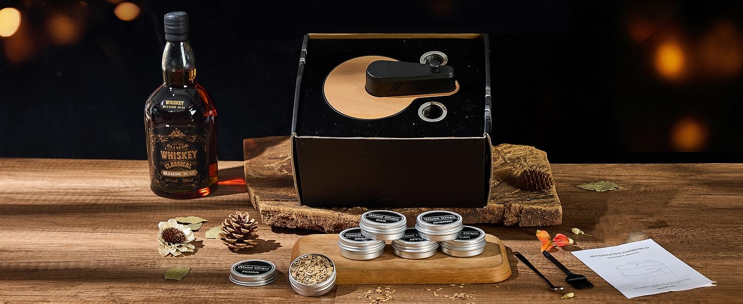 Набір для копчення віскі: 6 видів тирси, дубовий smoker з основою, 2 металеві фільтри, комплект для віскі та Old Fashioned, подарунок для чоловіків (без бутану)