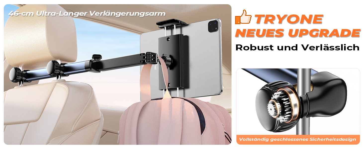 Тримач для планшету TRYONE в авто: кріплення на підголівник, 46 см, 3-в-1, для дітей, сумісний з iPad, Samsung Tab, Switch, телефонами (4.7-13 дюймів)