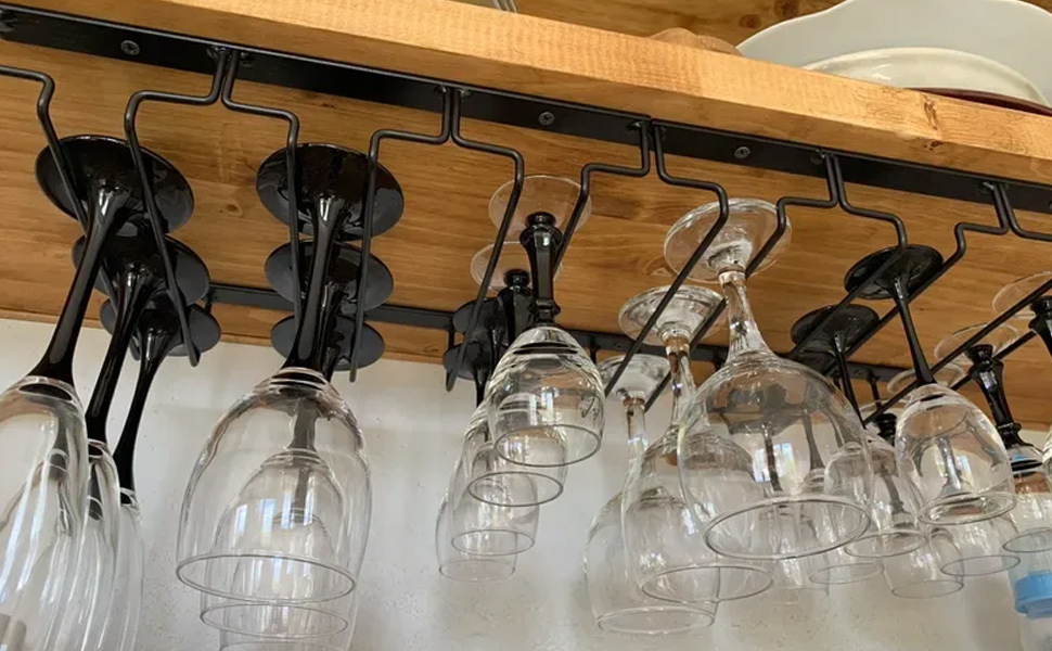 Тримач для келихів вина JMIATRY (2 шт.) - настінний, металевий, чорний (41x23.5x6 см)