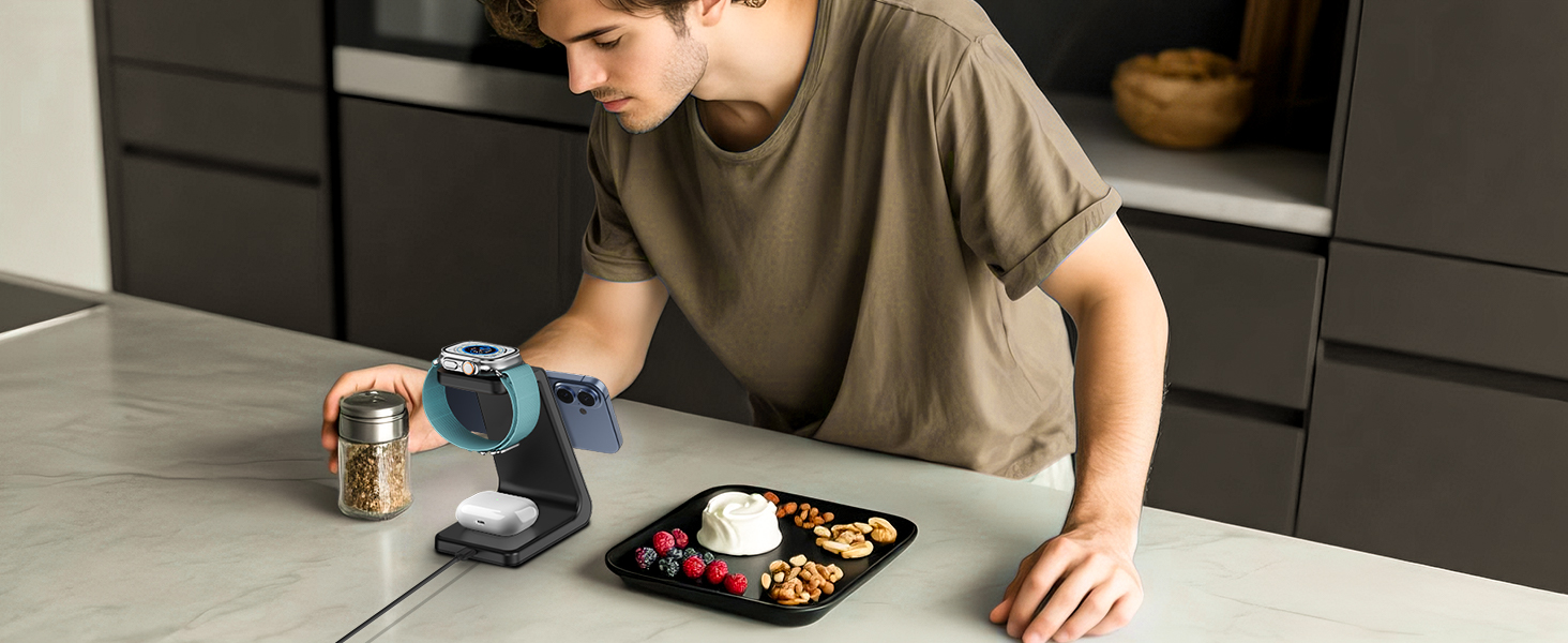 Зарядний пристрій GEEKERA 3 в 1 з підтримкою Qi2, 15W, для iPhone, Apple Watch, AirPods, чорний