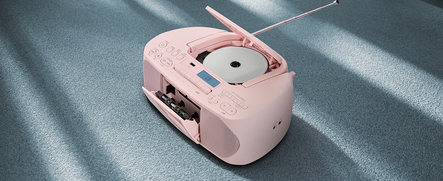 MEDION DRX-1 Plus Boombox: Портативна радіосистема з DAB+, Bluetooth, CD-плеєром, MP3, касетним провідником, AUX, акумулятором та мережевим живленням, зелений/рожевий колір