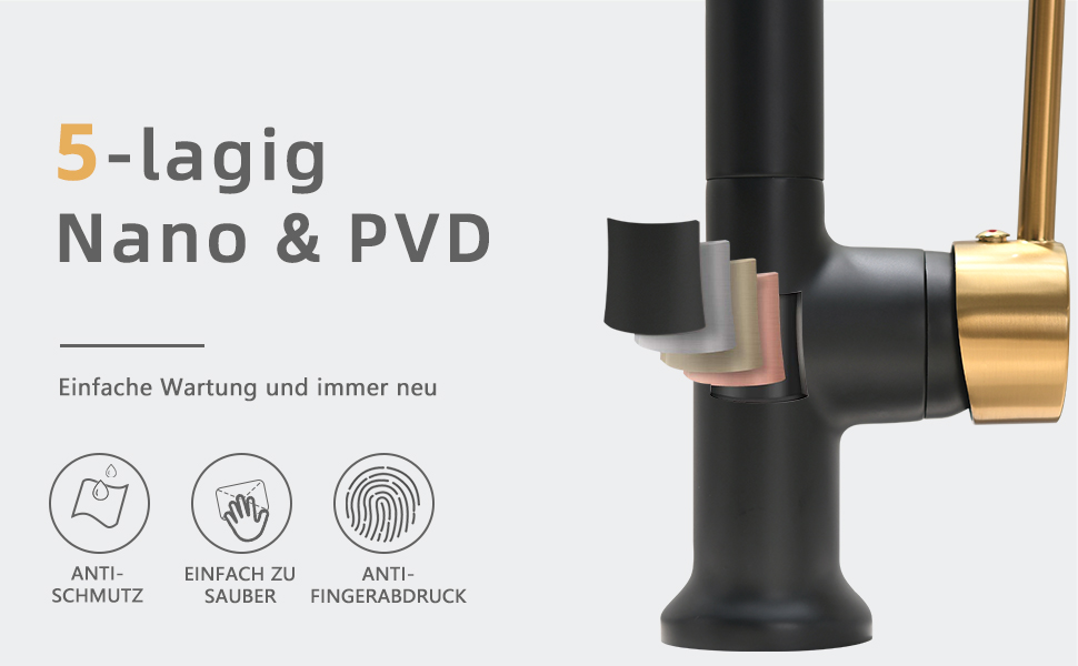 Кухонний змішувач AIMADI висувний, високого тиску, з 2 режимами (струмінь та розпилення), поворотний на 360°, однорегуляторний для кухонної мийки (з LED-підсвіткою, золотий)