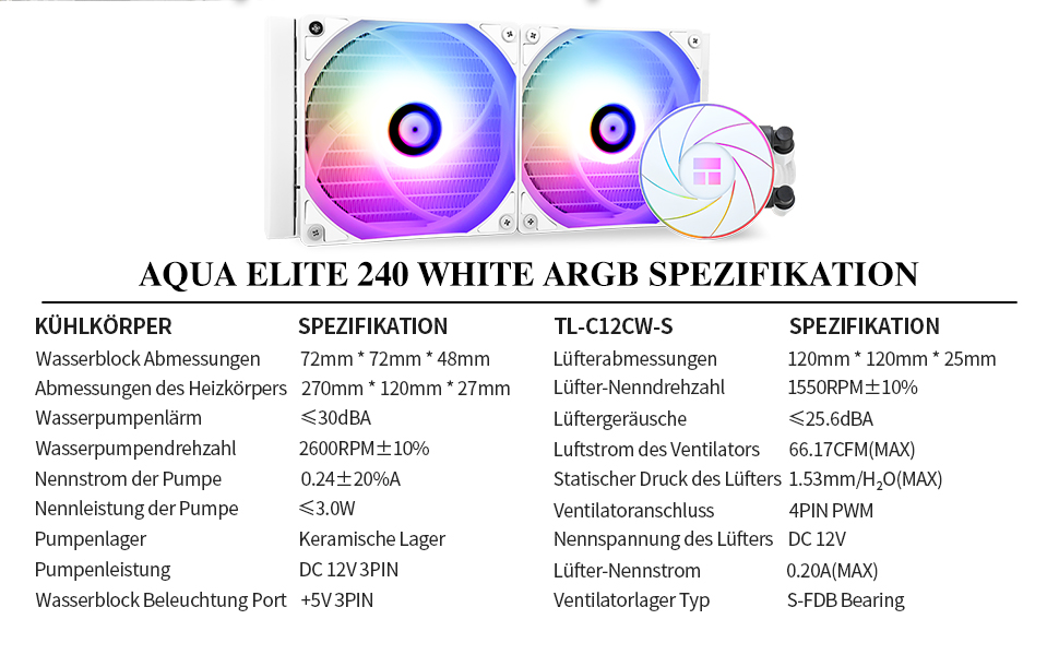 Thermalright AQUA ELITE 360 ARGB: Система водяного охолодження CPU з 3 вентиляторами 120mm, 1550RPM, для AMD/Intel, білий колір