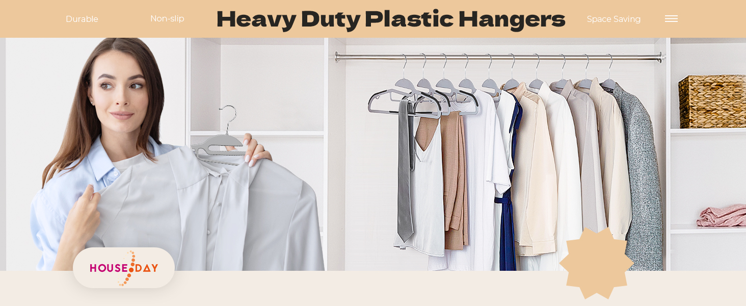 20 шт. Плечі для одягу HOUSE DAY з пластику - протиковзкі, для мокрого та сухого одягу, обертаються на 360°, міцні, сірі (з чорною гумовою смугою)