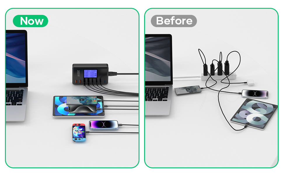 Зарядний пристрій GaN 200W, 8 портів: 4x USB-C PD 30W, 4x USB-A QC 18W - для iPhone 15/14/13 Pro Max, iPad, Samsung S24/S23. Швидка зарядка, адаптер живлення, чорний