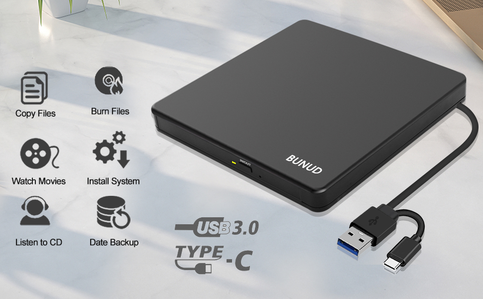 Зовнішній CD/DVD привід BU USB 3.0 & Type-C, DVD+/-RW Brenner з картридером SD/TF та USB-портами для ноутбука, ПК, MacBook, Windows 11/10, macOS, чорний