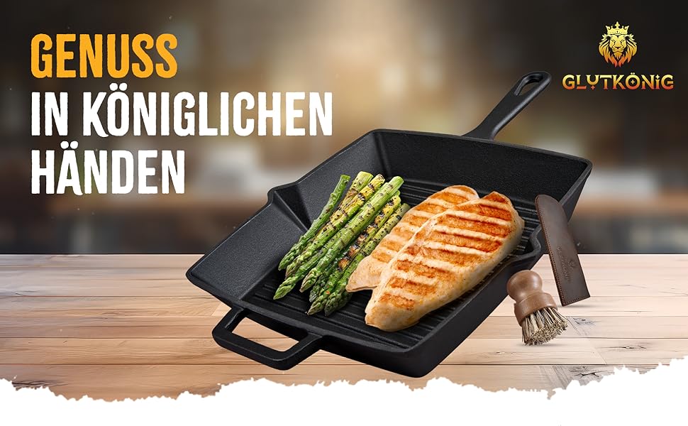 Чавунна гриль-сковорода емальована 26 см, з рифленим дном для стейків, підходить для всіх плит