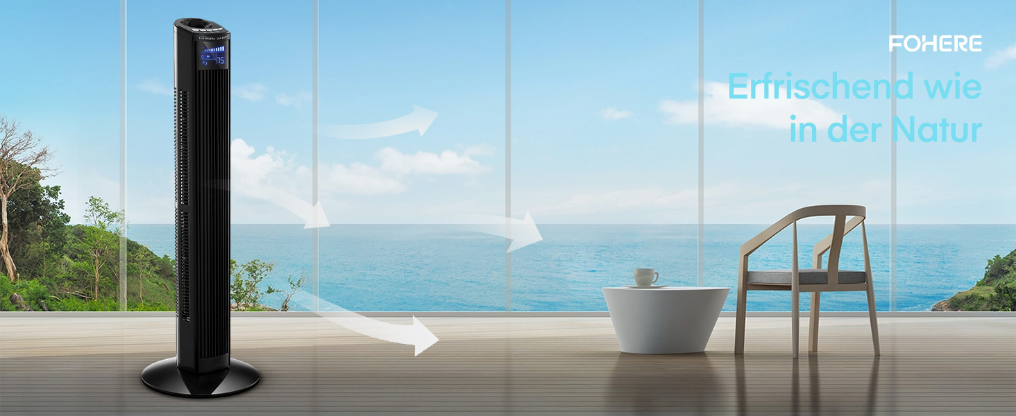 Безлопатевий вентилятор FOHERE, 91 см, з пультом керування, таймером та режимом сну, чорний