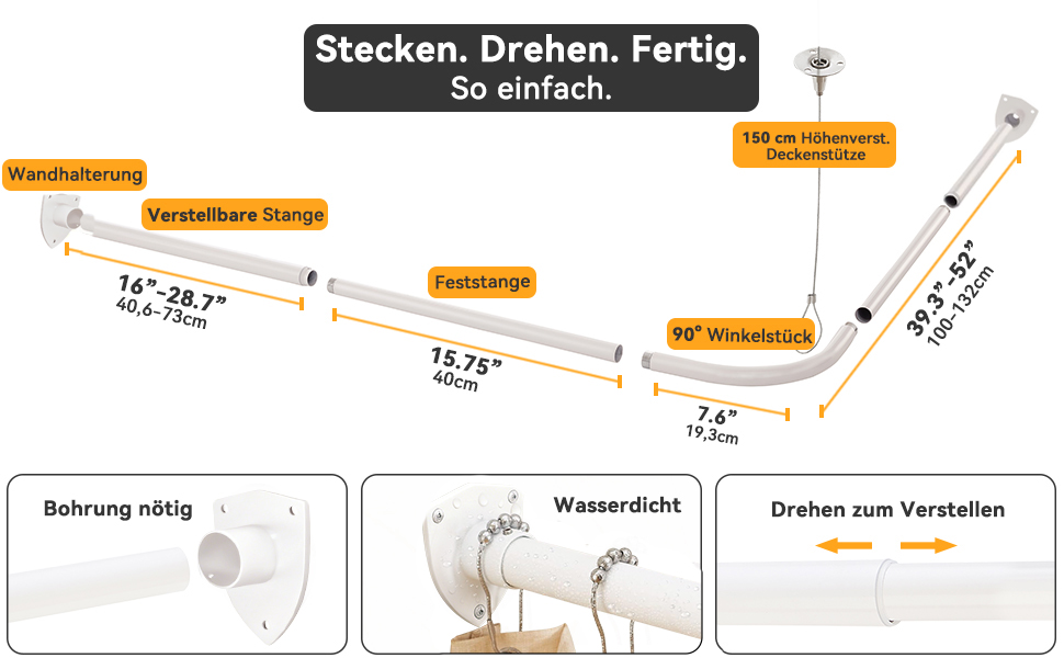 Штанга для душу L-подібної форми, регульована, з 12 кільцями та опорою для стелі, для ванни/ванної кімнати, білий, 60-130см x 60-130см