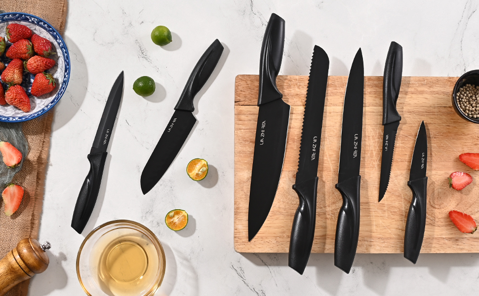 Набір ножів кухонних 15 предметів з точилкою, чорний, для нарізки, шинкування, подрібнення, безпечний для миття в посудомийній машині