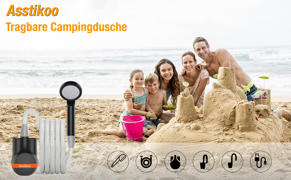 Asstikoo Portable Camping Shower, Camping Shower with Rechargeable Battery, Compact Rechargeable Electric Pump Shower Head for Camping, Pet Cleaning, Beach Washing, Hiking and Travel