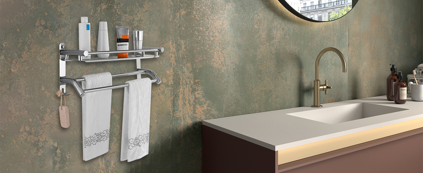 Тримач для рушників з полицею та гачками, хром, нержавіюча сталь, 59 см, для ванної кімнати, кухні, туалету