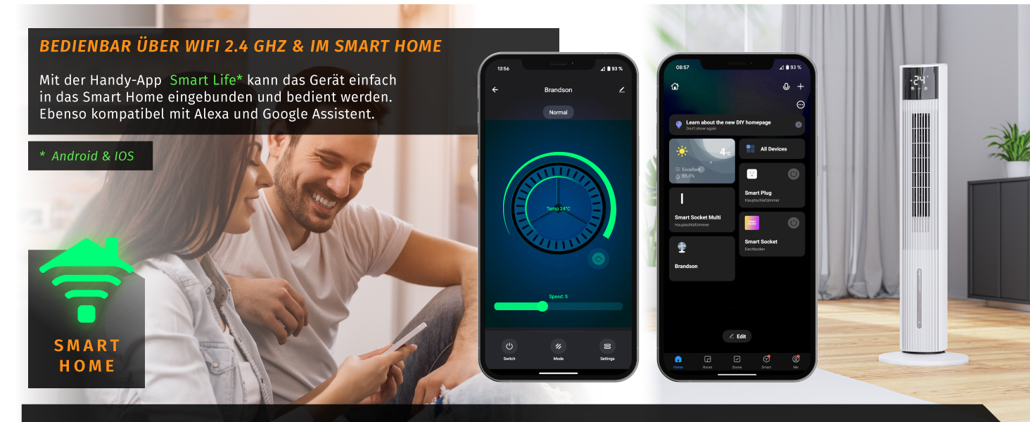 Вентилятор вежний з Wi-Fi та охолодженням Brandson ECO GREEN – розумне охолодження для дому, тихий, з керуванням Alexa, мобільний кондиціонер