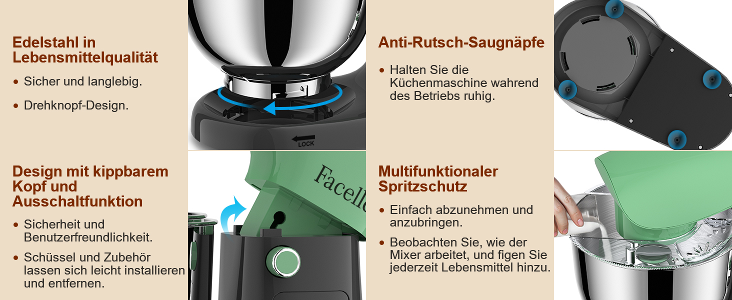 Кухонна машина/міксер Facelle 1500W з 5.5L та 4.5L чашами, 10+ програм, тиха робота, з набором насадок (зелено-сірий)