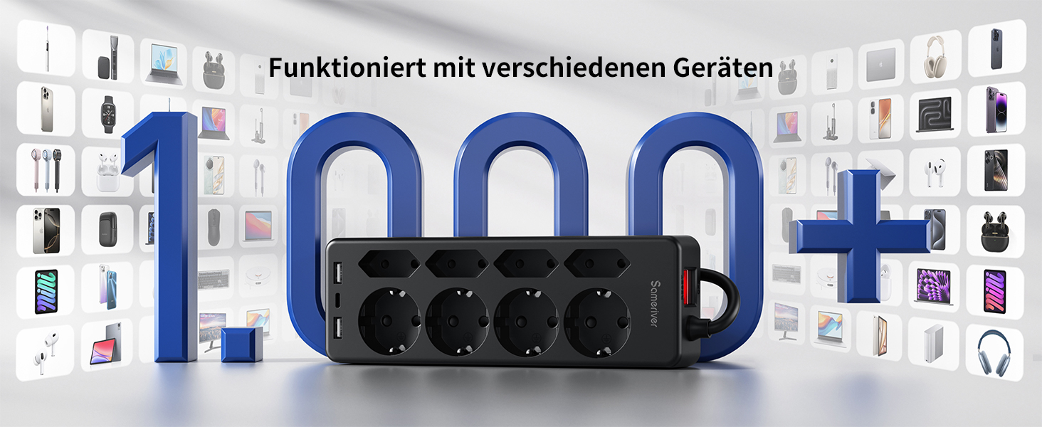 Мережевий фільтр Sameriver 8-фазний з захистом від перенапруги, 3 USB, вимикач, кабель 3M, чорний