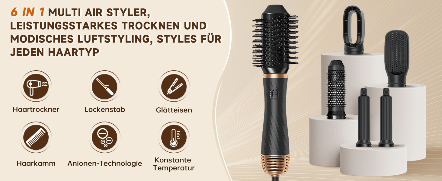 Фен-щітка 6 в 1 для волосся, Airstyler: сушка, укладка, завивка, випрямлення (Чорний)