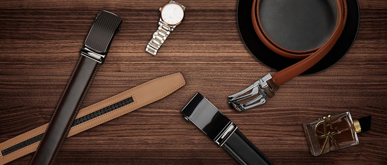 Чоловічий шкіряний ремінь Guvoosm з автоматичною застібкою, 3,5 см, колір коричневий, довжина 125 см, підходить для об'єму талії 92-107 см, для ділового костюма