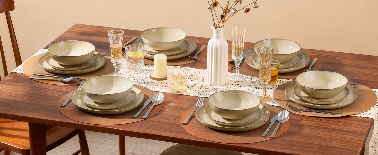 Набір посуду Joyfair на 6 осіб, 18 предметів, з каменю, тарілки, миски, для мікрохвильовки та посудомийної машини, реактивний пісковий хакі