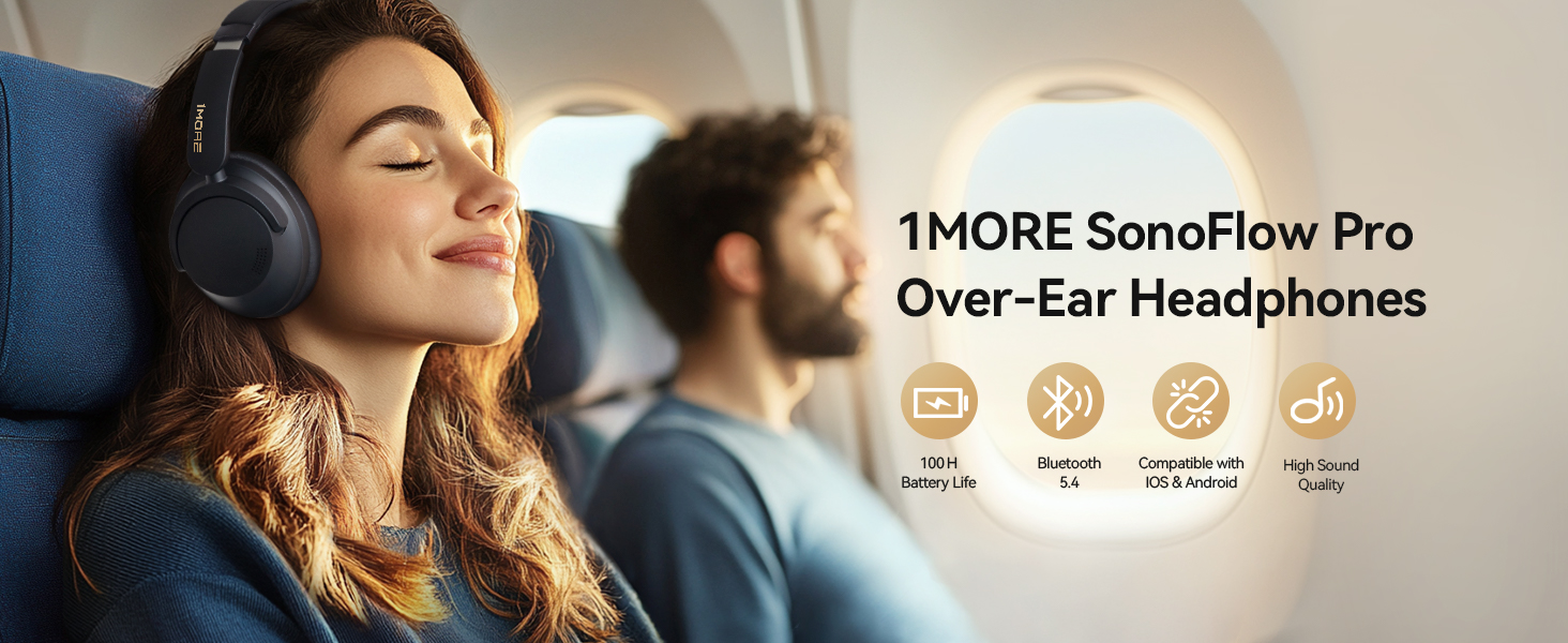 1MORE Sonoflow Pro Бездротові навушники Bluetooth з активним шумопоглинанням, Over-Ear, LDAC, Hi-Res звук, Bluetooth 5.4, 100 годин, зручні, кристально чисті дзвінки (Чорний)