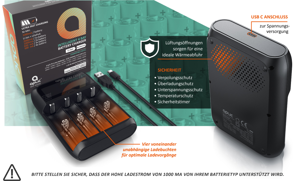 Інтелектуальний зарядний пристрій для акумуляторів CSL - для Li-ion, NI-MH, NI-Cd, LiFePo4, 18650, AA, AAA