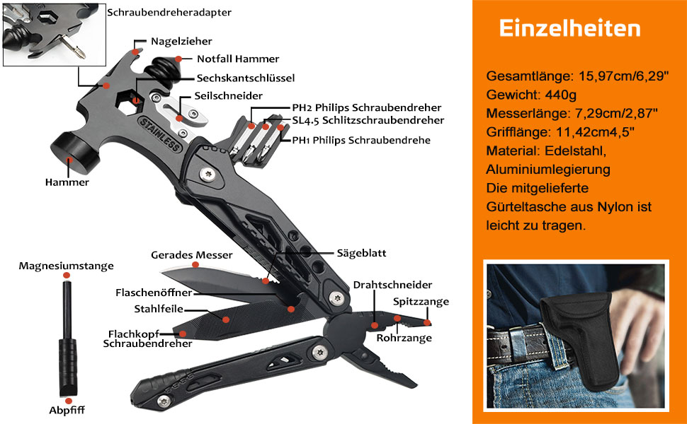 Мультитул 33 в 1 для чоловіків: молоток, плоскогубці, ніж, викрутка. Ідеальний для кемпінгу, надзвичайних ситуацій та виживання на природі