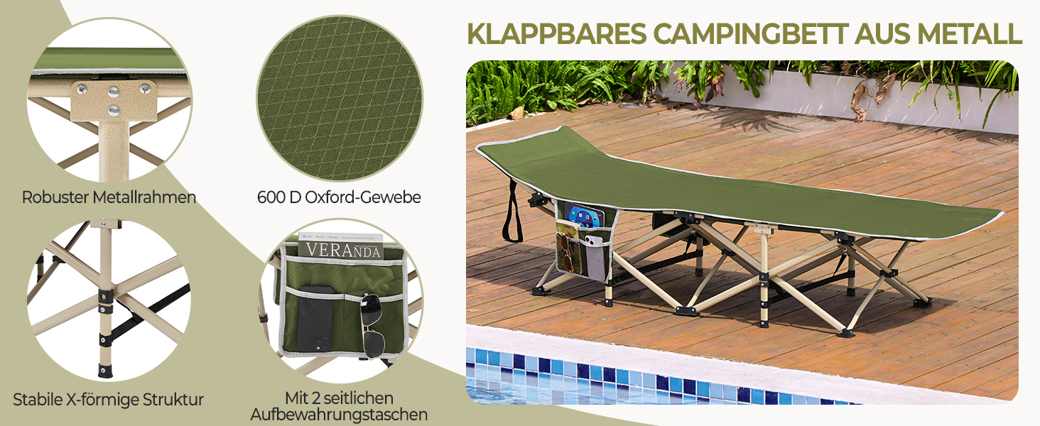 Ліжко-розкладачка Yaheetech для кемпінгу, зелене, до 150 кг, з бічною кишенею та сумкою для транспортування