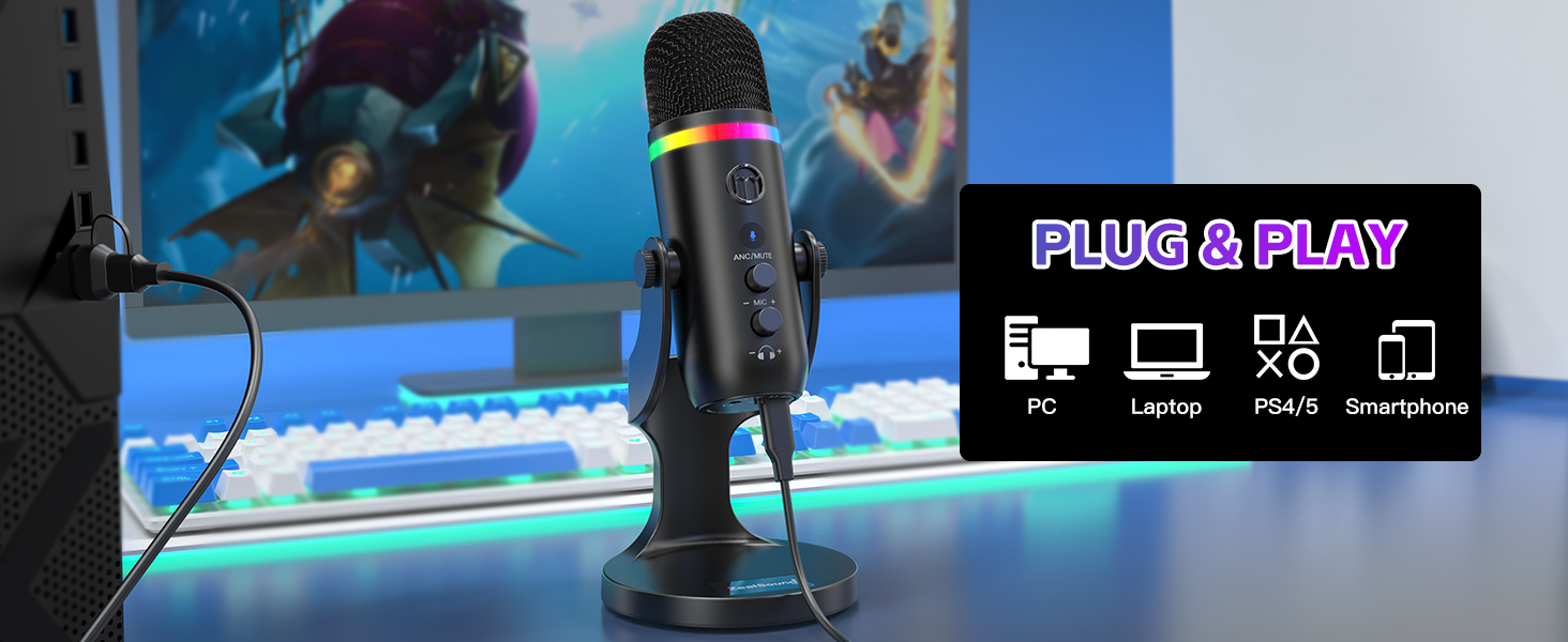 USB мікрофон Zealsound RGB для ПК, iPhone, стримінгу, YouTube, Discord, PS5, Mac. Підтримка USB-C та Lightning, шумозаглушення, Plug & Play