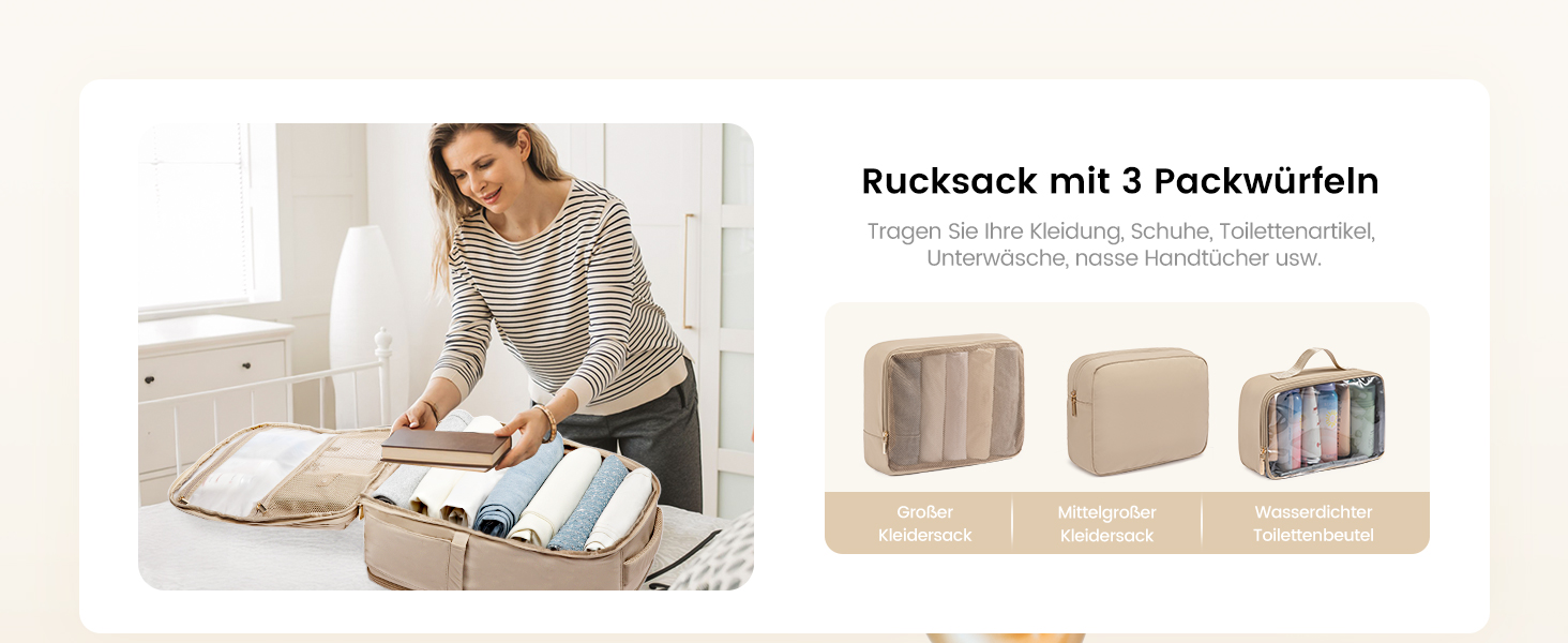 Рюкзак LOVEVOOK для жінок, 40L, ручна поклажа, для подорожей, з відділенням для взуття та ноутбука 17 дюймів, водонепроникний, для бізнес-поїздок та відпочинку, бежевий