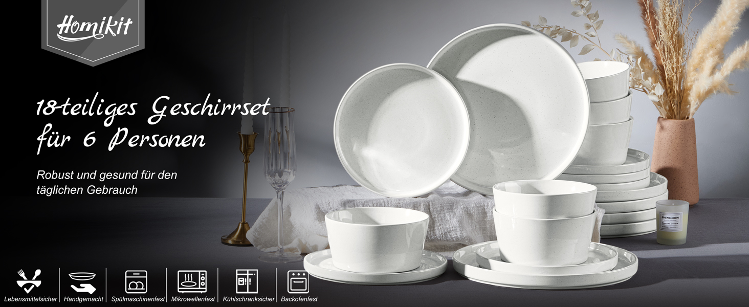Набір посуду Homikit на 6 осіб: тарілки, миски, десертні тарілки, тарілки для їжі, з реактивною глазур’ю, кераміка, безпечний у мікрохвильовці та посудомийній машині, білий, 18 шт.