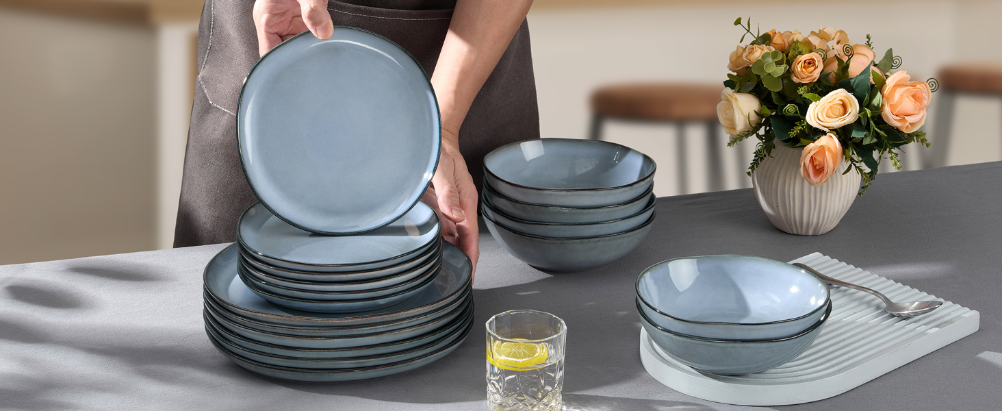 Сервіз Joyfair на 6 осіб, 18 предметів, керамічний, з тарілками для їжі, десерту та каші, безпечний для мікрохвильовки та посудомийної машини, колір: реактивний синій