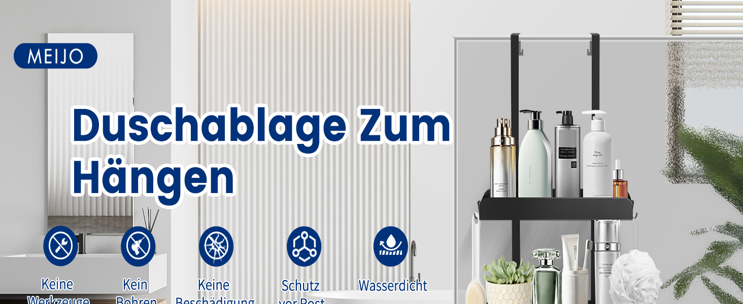 Настінна поличка для душу без свердління, чорна, з 4 гачками. Органайзер для шампуню та інших аксесуарів у ванну кімнату та кухню. Підходить для безрамкових скляних дверей.