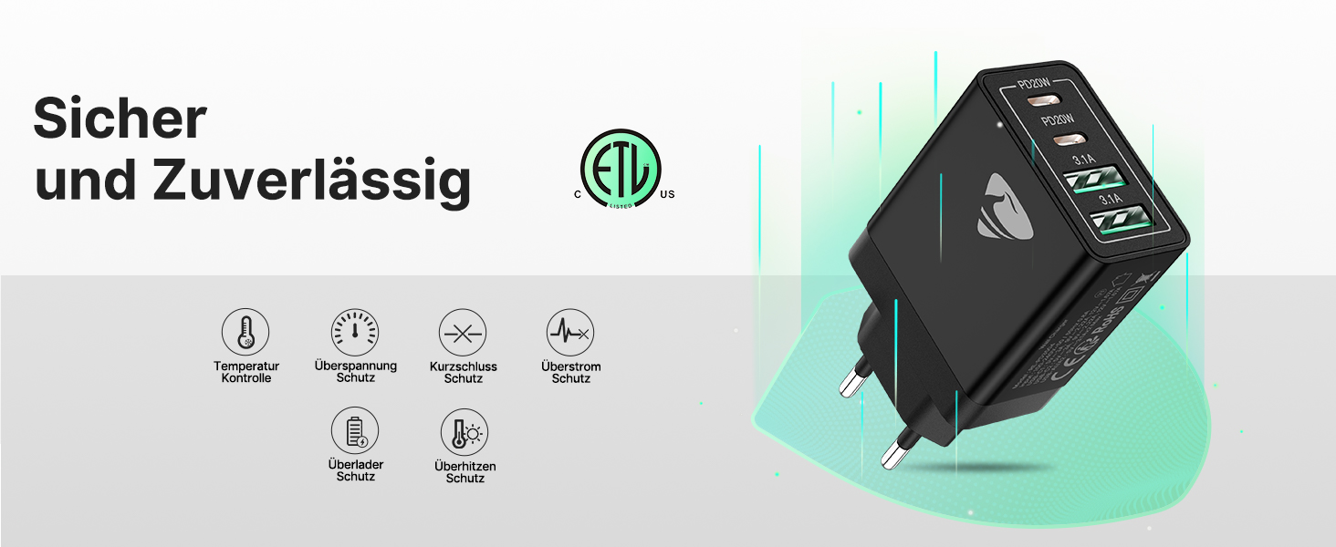 Зарядний пристрій Aioneus USB-C 40W, 4 порти PD 3.0 + QC USB-A, швидка зарядка для iPhone 15 Pro Max, Samsung та інших смартфонів - Чорний