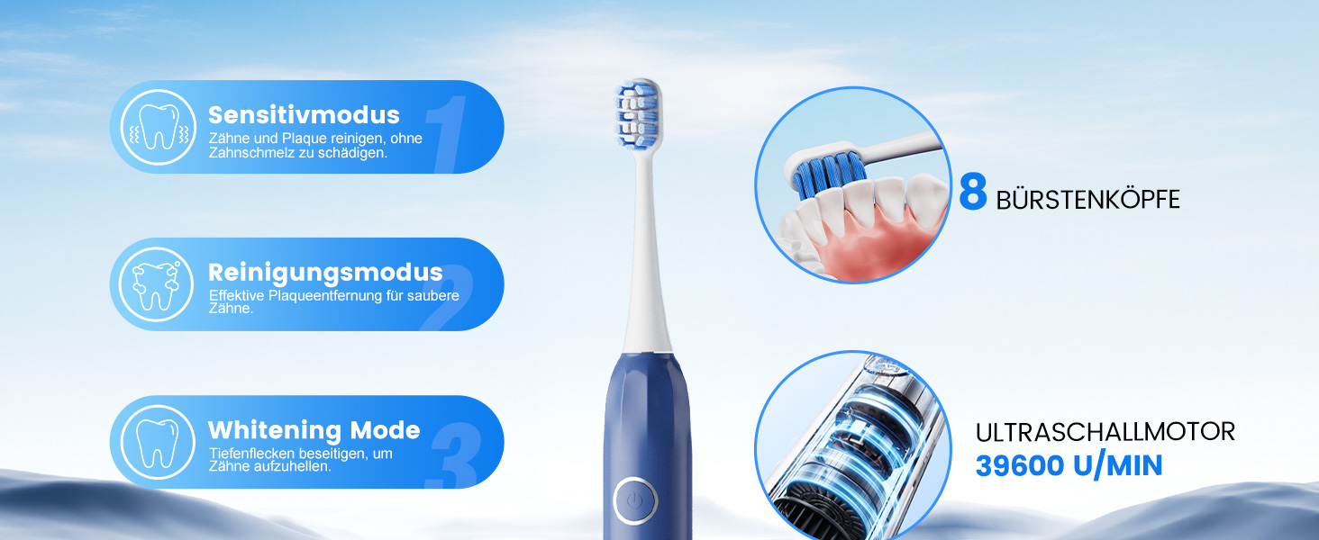 Електрична зубна щітка зі звуковою технологією, 5 режимів, таймер 30s, відбілює зуби за 2 тижні, 8 змінних насадок, IPX7, блакитна