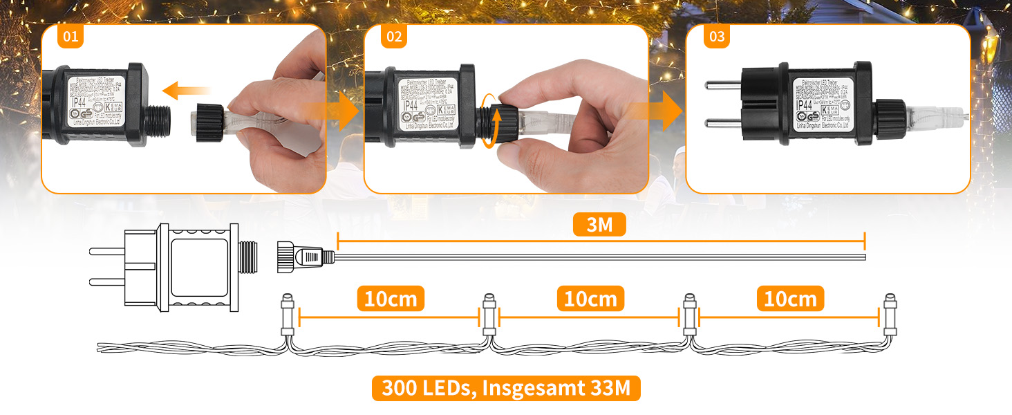 LED гірлянда для декору приміщень та вулиці, 33м, 300 LED, тепле біле світло, для саду, вечірки, весілля, Різдва, тераси, балкону