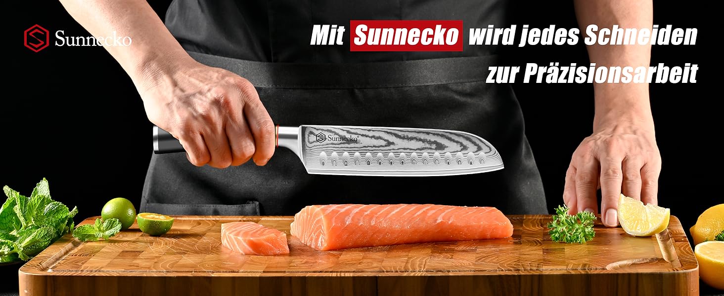 Ніж Sunnecko Дамаск 20 см, кухонний ніж з гострим лезом - високоякісний ніж для приготування їжі з дамаської сталі для професіоналів та любителів - гострий ніж для м'яса з дамаської сталі, нержавіючий та довговічний (17 см Сантоку ніж)